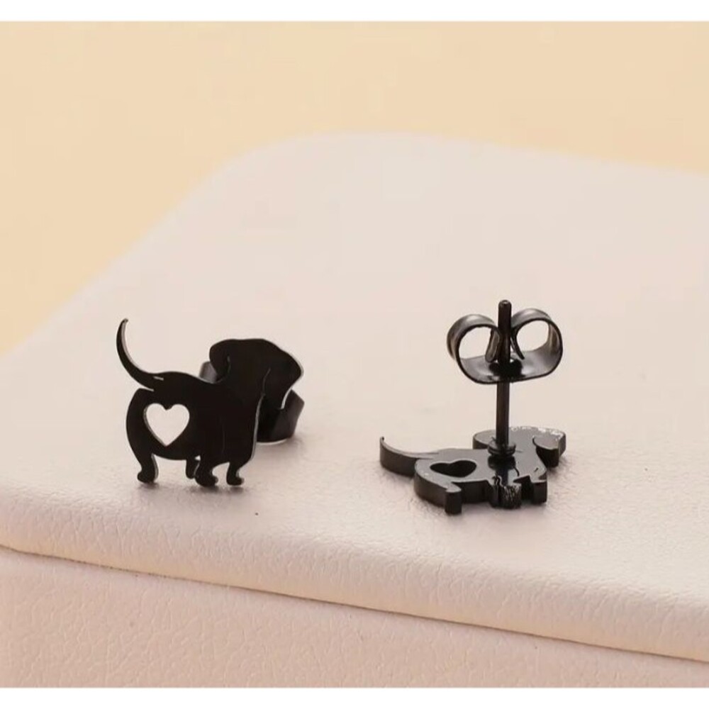 Black DACHSHUND Dog Puppy Earrings CUT-OUT HEART on Bottom